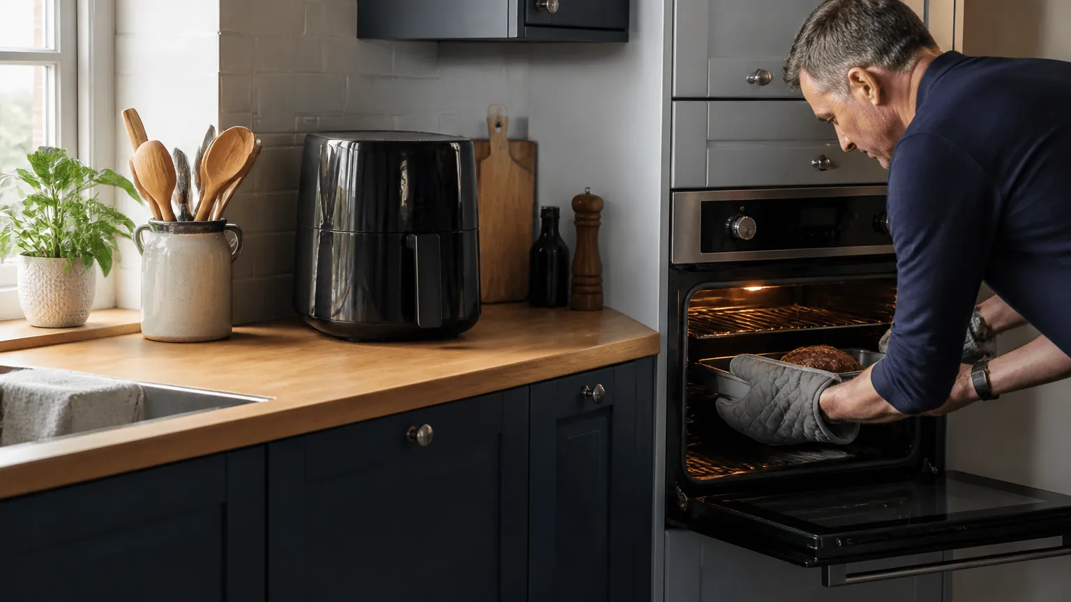 Air fryer on a worktop beside an open oven in a kitchen