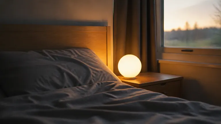 Glowing bedside lamp lighting a pillow and duvet at dawn